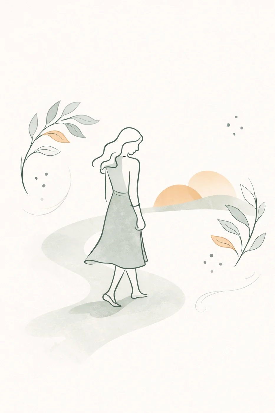 Illustration of a figure walking thoughtfully through soft botanical shapes