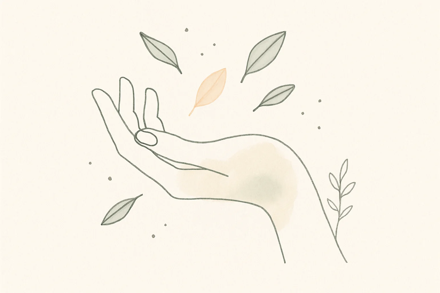 An open hand catching soft light, surrounded by loose botanical elements