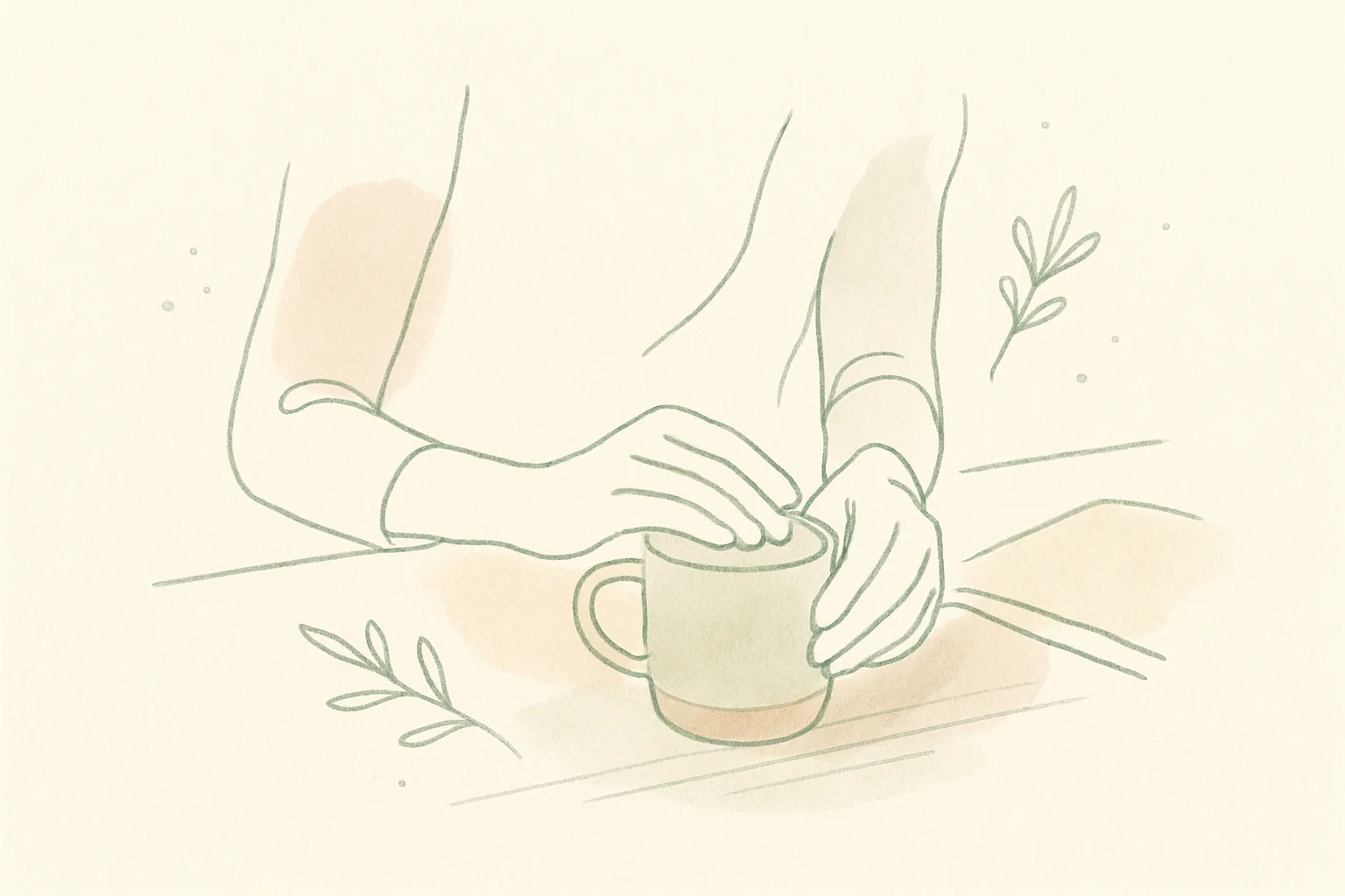 A pair of hands resting on a ceramic mug with a notebook nearby in soft overhead light