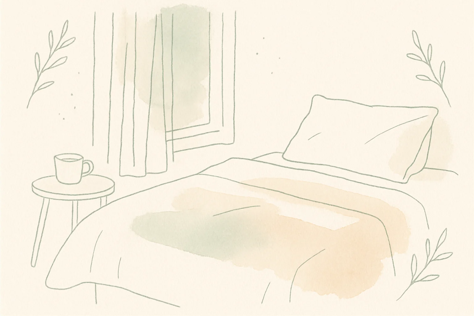 A calm bedroom scene with soft linen, afternoon light, and a cup of tea